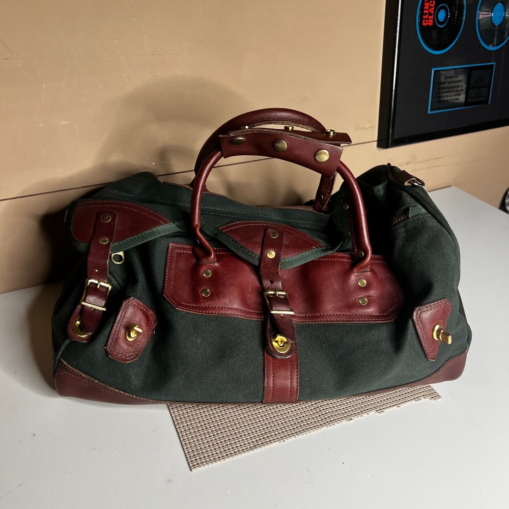 Orvis Vintage Canvas Leather Duffel Bag Made in USA Green Burgundy PaineWebber